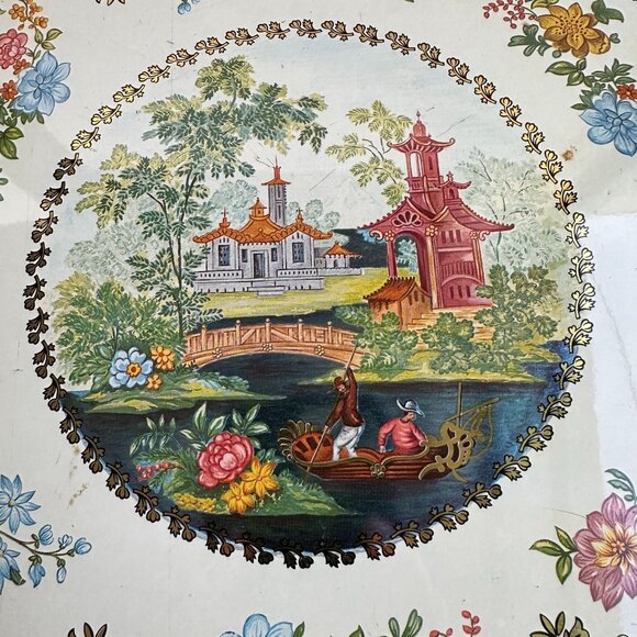 Vintage Daher Decorated Ware Tin Tray 16.25" Round Floral & Asian Scene England - Picture 14 of 16